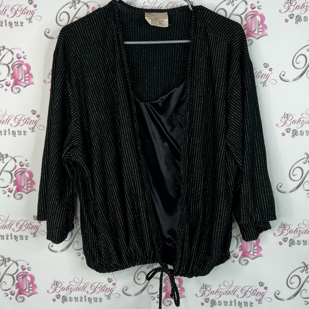 Long sleeve dual top top tie up ribbon Black and Gold Striped Cardigan